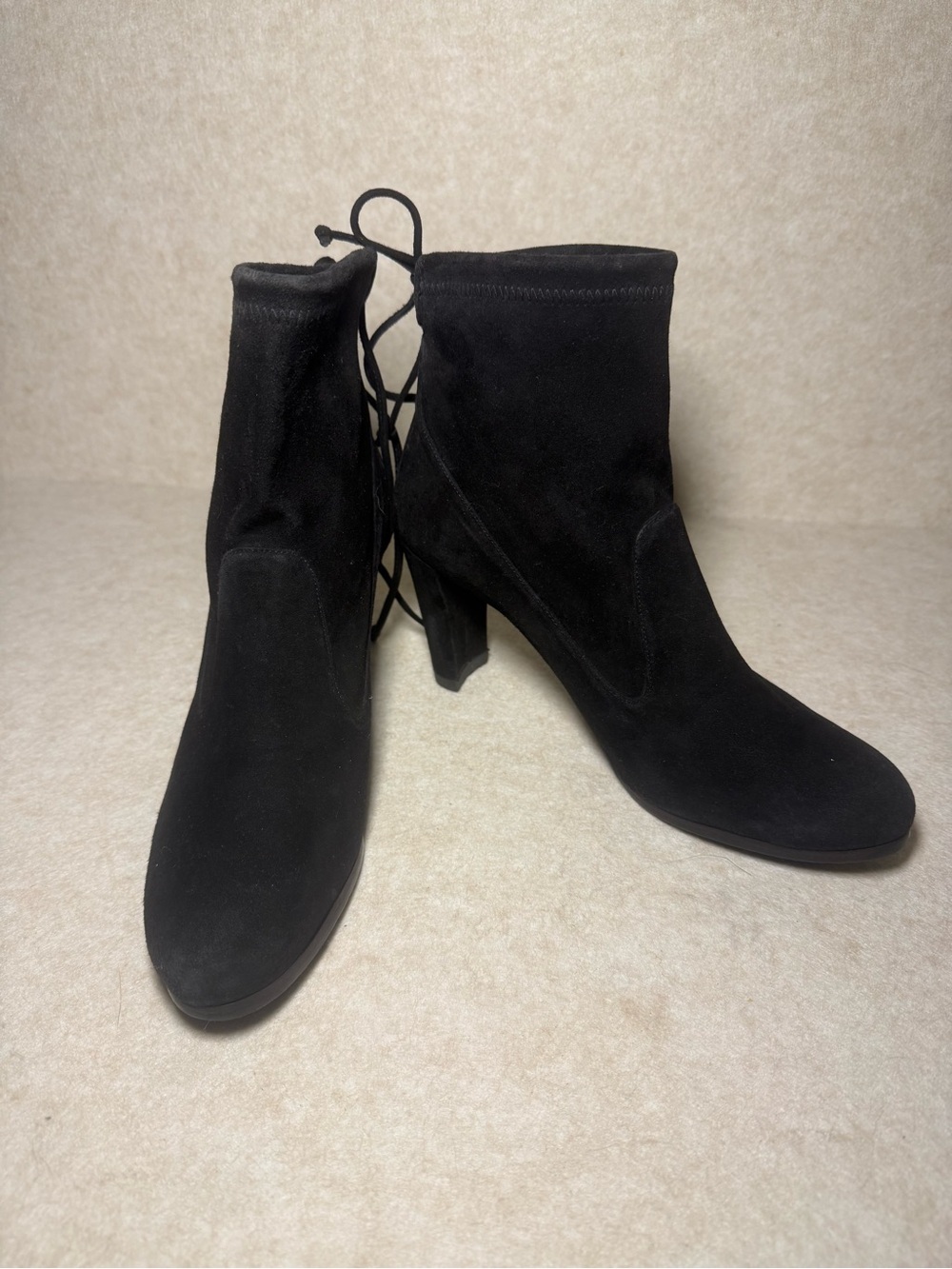 Stuart Weitzman Catch Black Suede Heeled Ankle Boots Tie Back Lace Up 7 1/2